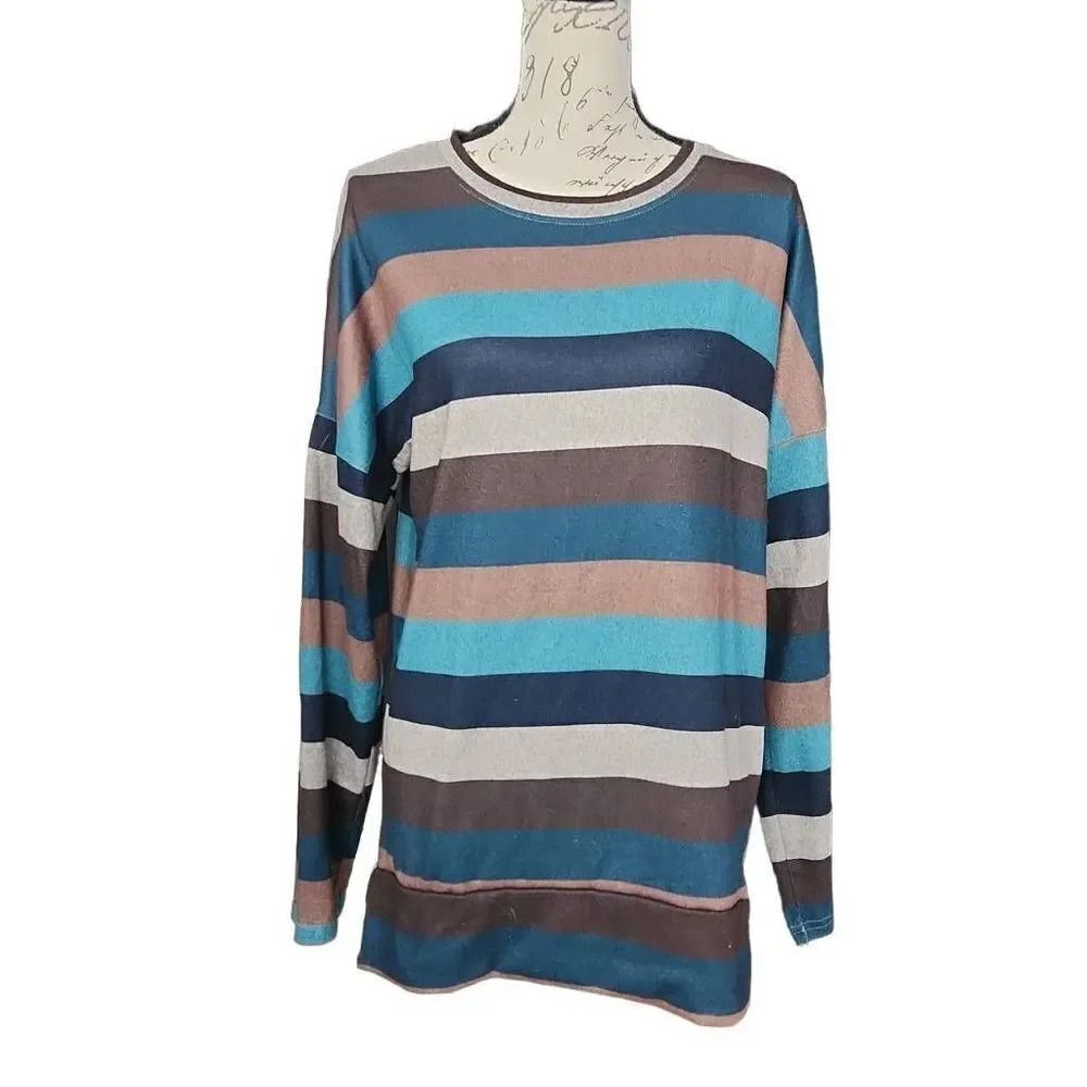 Coeur De Vague Women's Size Large Blue Brown Striped Long Sleeve Top